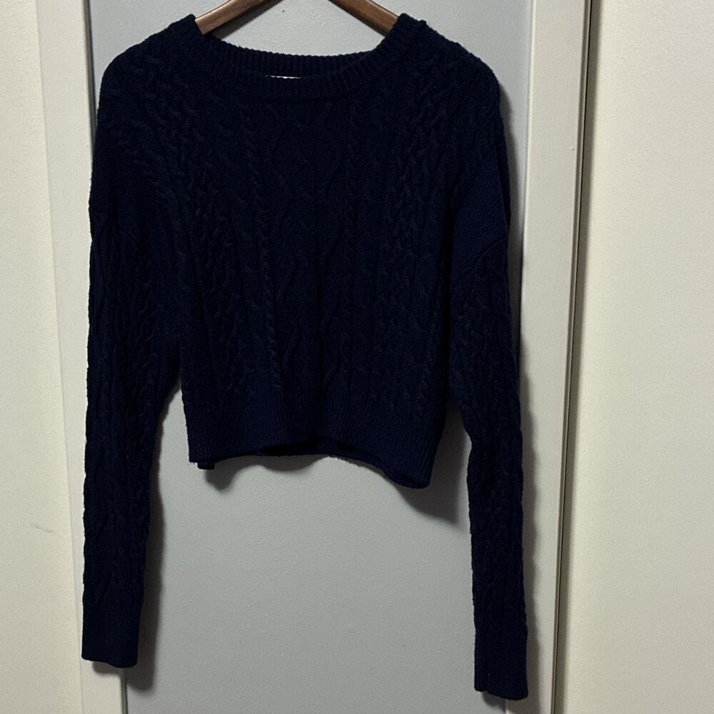Sugar Moon Navy Cable Knit Crew Neck Cropped Pullover Sweater Womens L Preppy